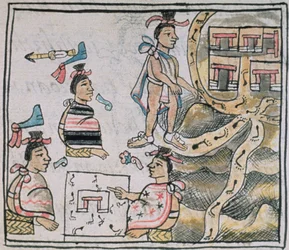 Palat asszony. 218-220 IX. könyv Aztékok tanácskoznak és térképet követnek, Bernardino de Sahagun „Firenzei kódexéből”, 1540-85 körül